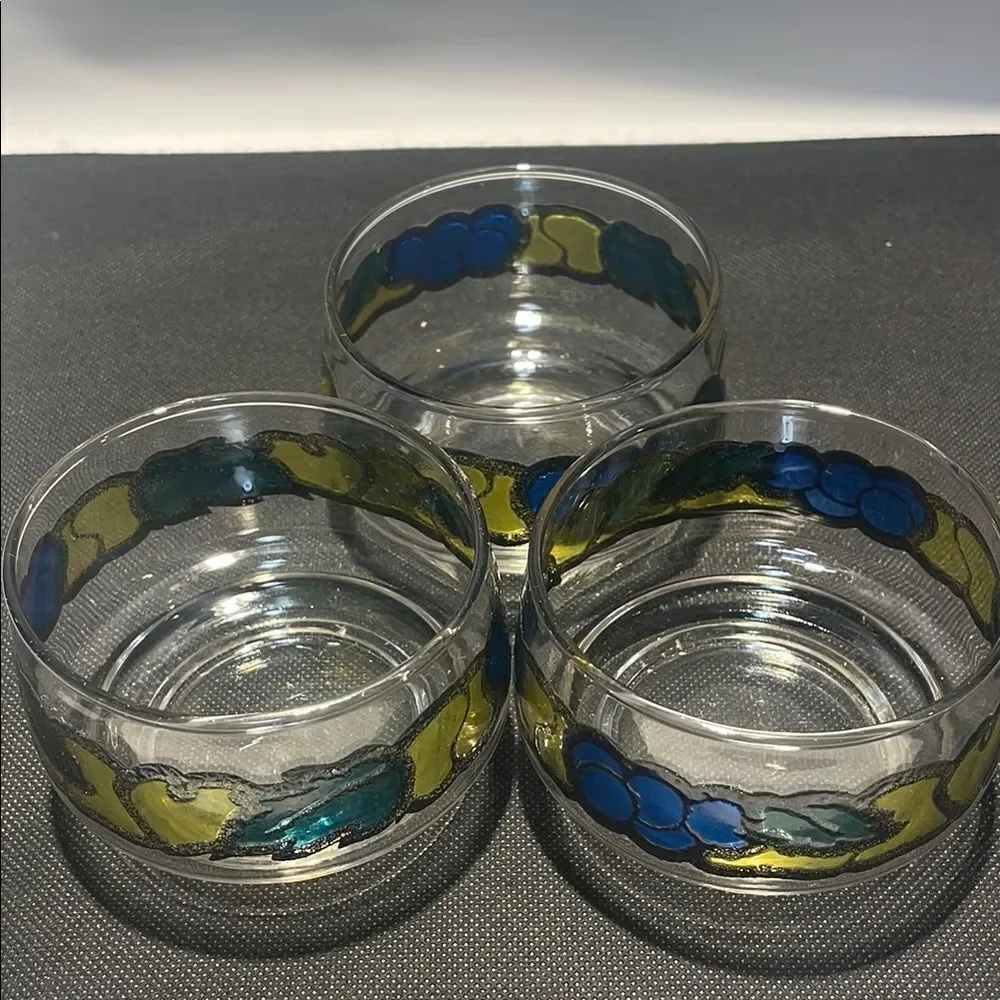 Set of Three Glass Candle Holders with Blue and Yellow Design
